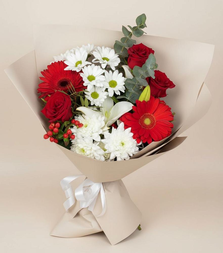 Букет цветов из: Розы, Хризантемы, Герберы и Лилии в Чегдомыне