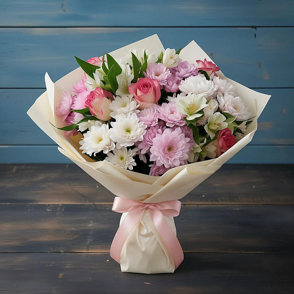 Букет цветов из: Хризантемы, Альстромерии и Розы в Чегдомыне